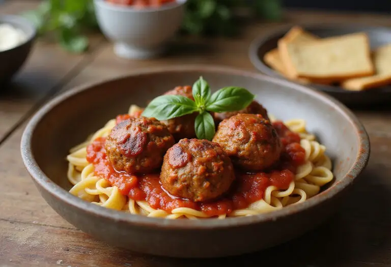 Delicious 4C bread crumbs meatballs in tomato sauce served over pasta.