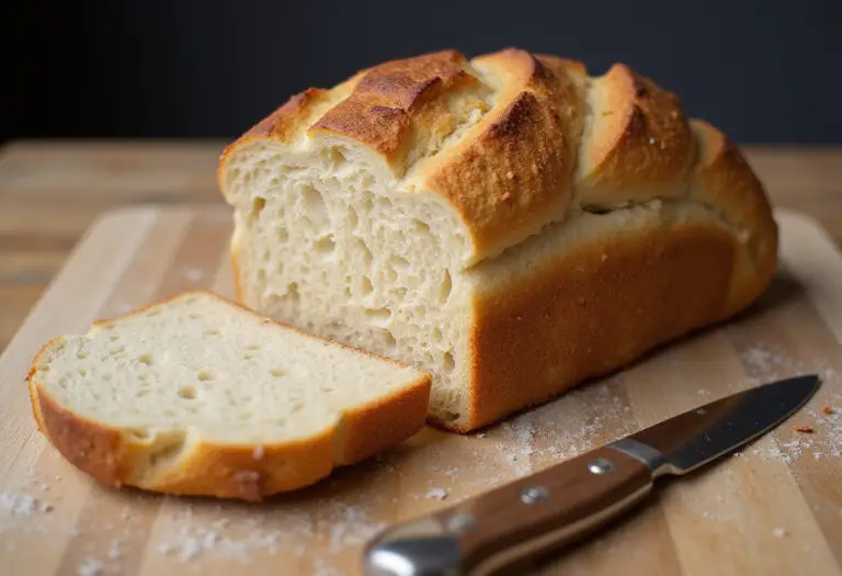 Finished batard bread loaf on a cutting board.