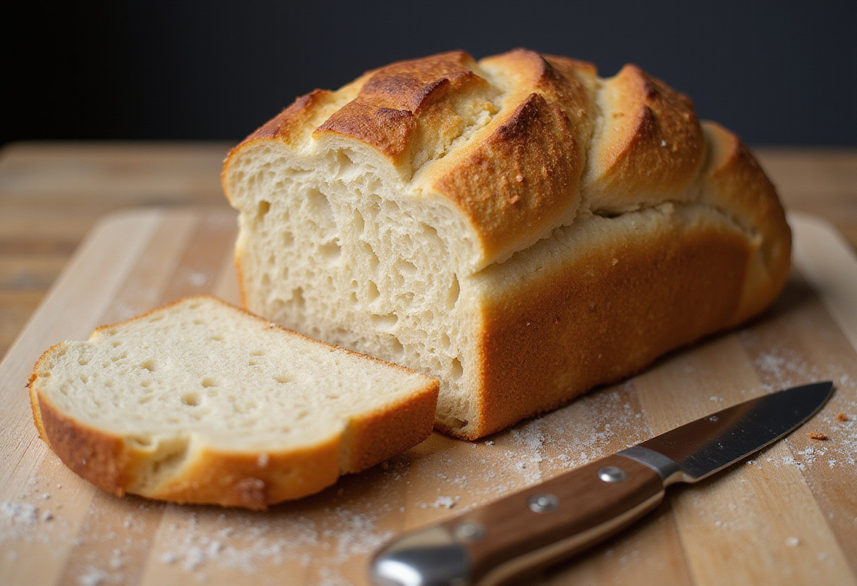 Finished batard bread loaf on a cutting board.