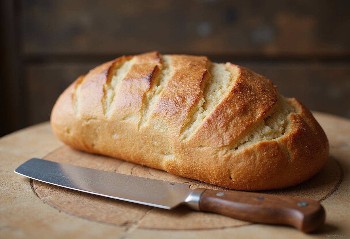 Finished batard bread loaf on a cutting board.