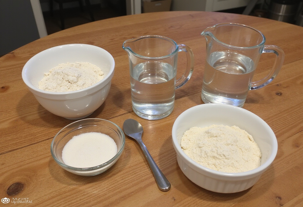 Ingredients measured for making batard bread.