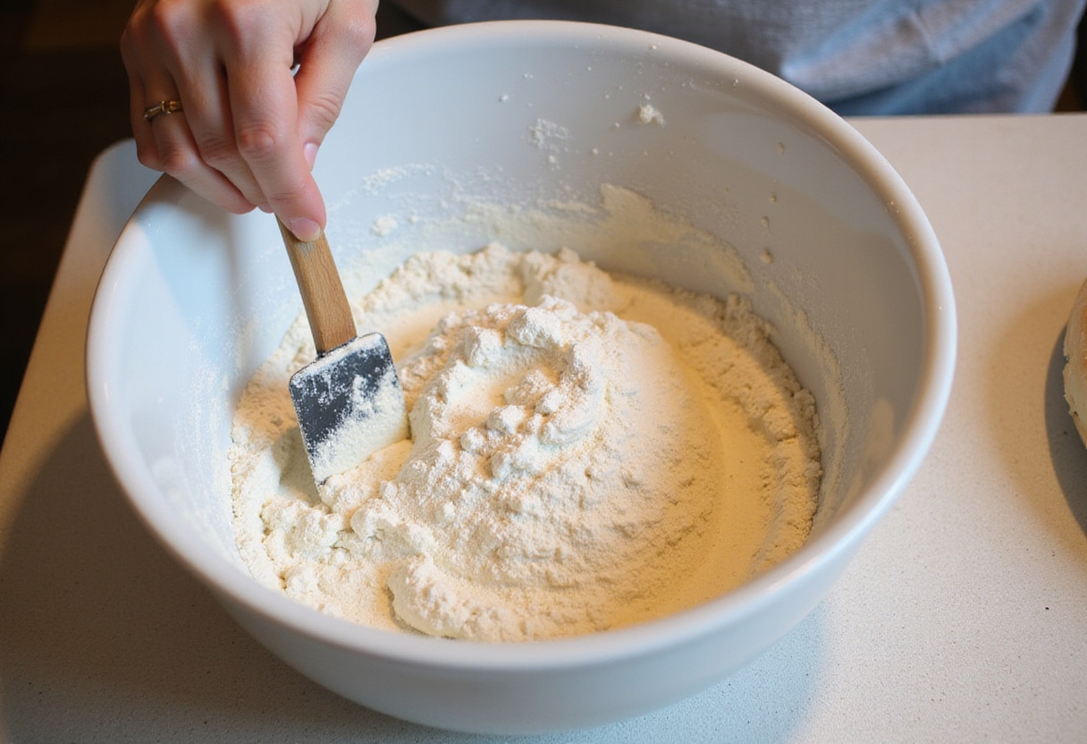 Flour and water being mixed for batard bread dough.