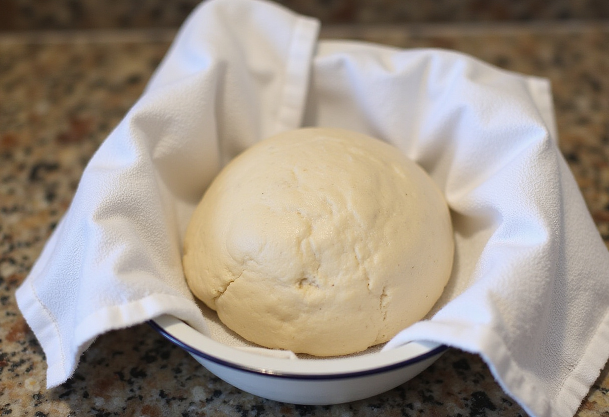 Dough proofing in a bowl for batard bread.