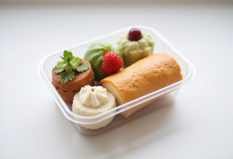 Finished bento cake in a takeout container, ready to gift or enjoy.