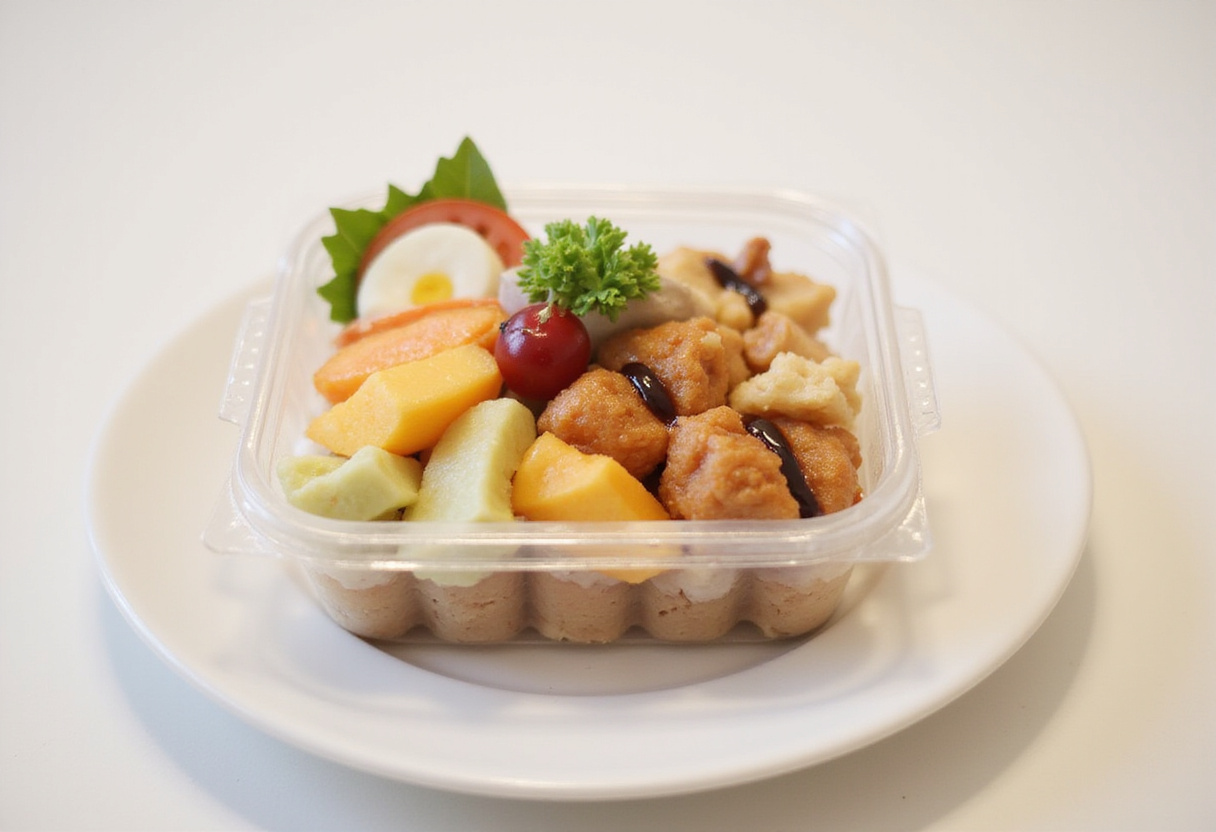 Finished bento cake in a takeout container, ready to gift or enjoy.