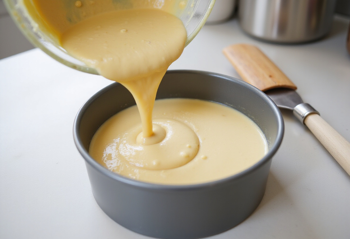 Cake batter being poured into a round pan for a bento cake.