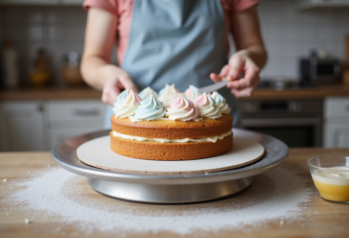 Cake being frosted with buttercream for a bento cake recipe.