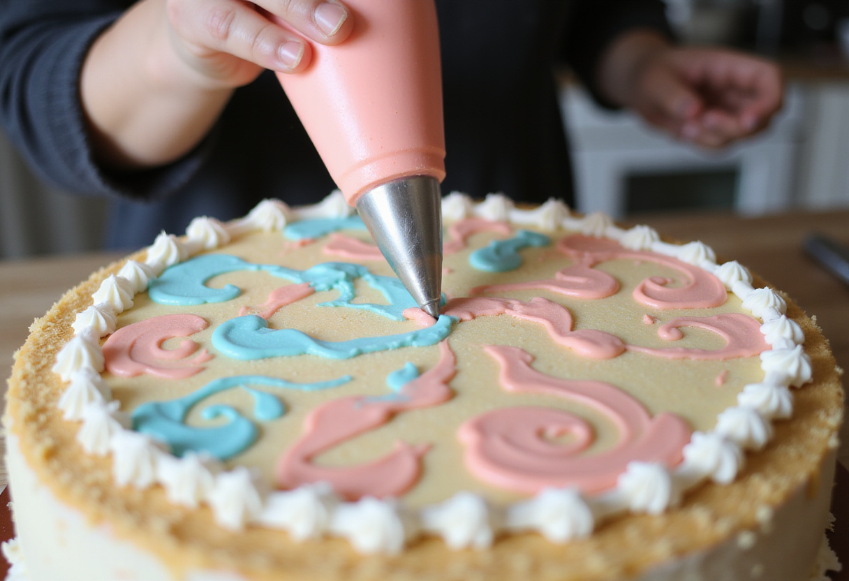 Colored frosting being piped onto a bento cake.