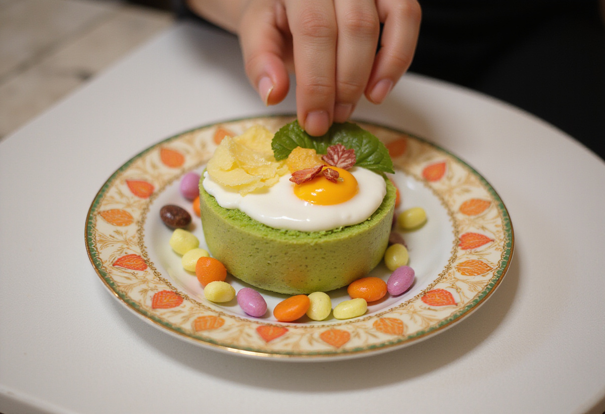 Candies and decorations being arranged for a decorated bento cake.