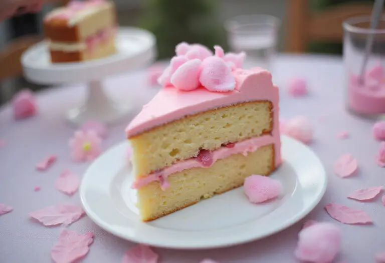 Delicious slice of cotton candy cake with festive decorations, perfect for a weeknight treat.