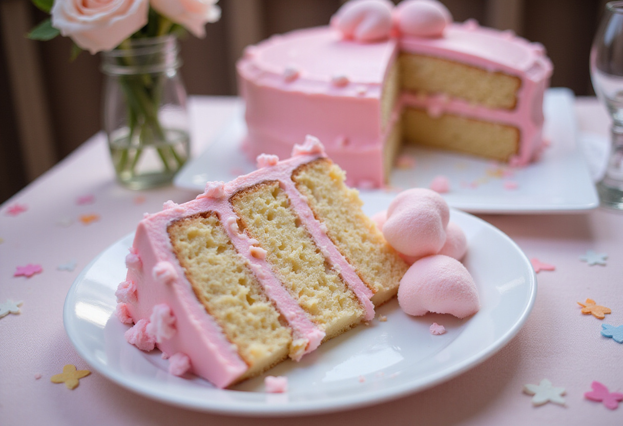 Delicious slice of cotton candy cake with festive decorations, perfect for a weeknight treat.