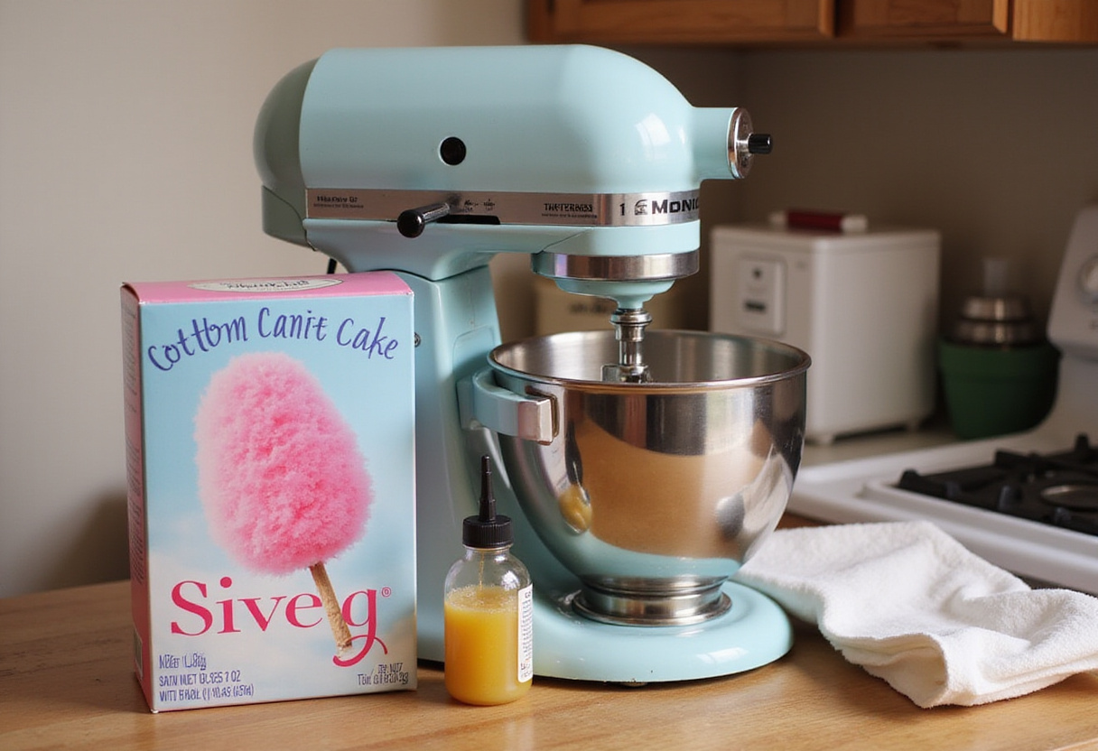 Cotton candy cake mix and oil ready to be mixed in a stand mixer for a simple cake.