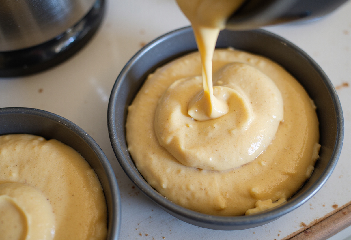 Cotton candy cake batter being poured into cake pans for baking a quick weeknight cake.