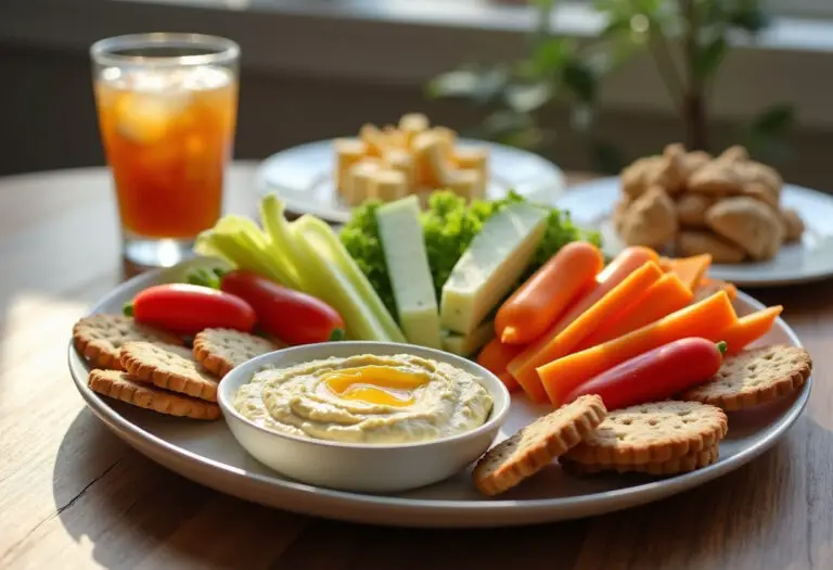 Delicious and balanced snack platter with vegetables, hummus, crackers, and cheese, perfect for any time of day.