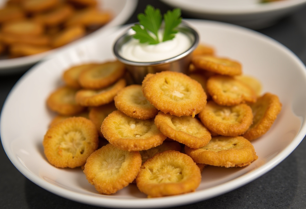 Crispy Air Fryer Pickle Chips served with ranch dressing, a perfect appetizer.