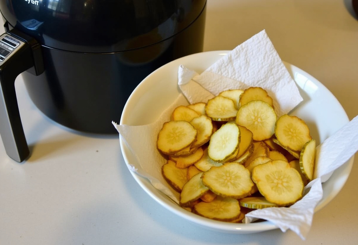 Drained pickle chips ready for air frying in an Air Fryer Pickle Chips Recipe.