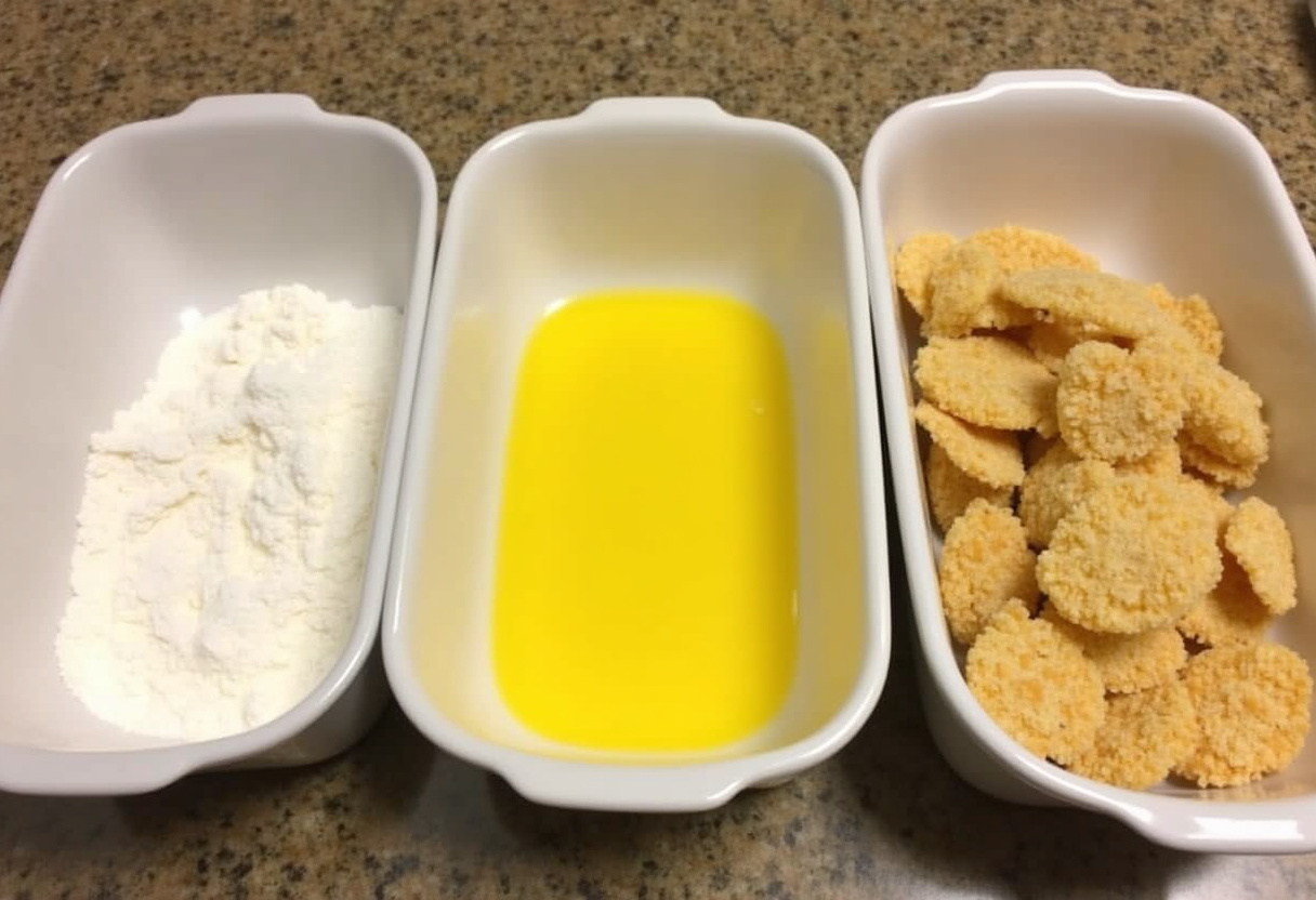 Coating station set up with flour, eggs, and breadcrumbs for Air Fryer Pickle Chips.
