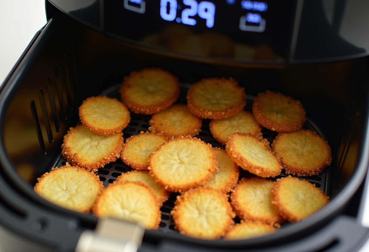 Breaded pickle chips cooking in the air fryer for a crispy snack.