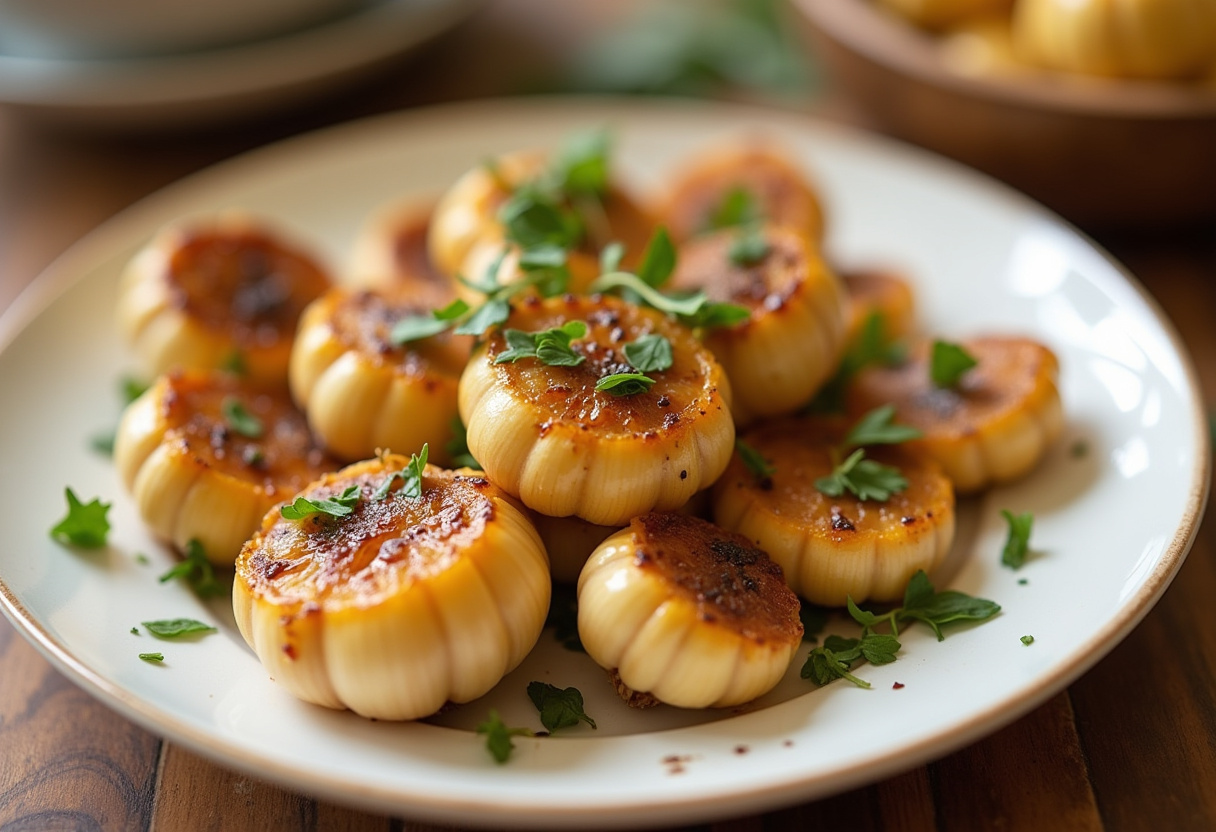 Perfectly roasted garlic cloves from the air fryer, soft and caramelized.