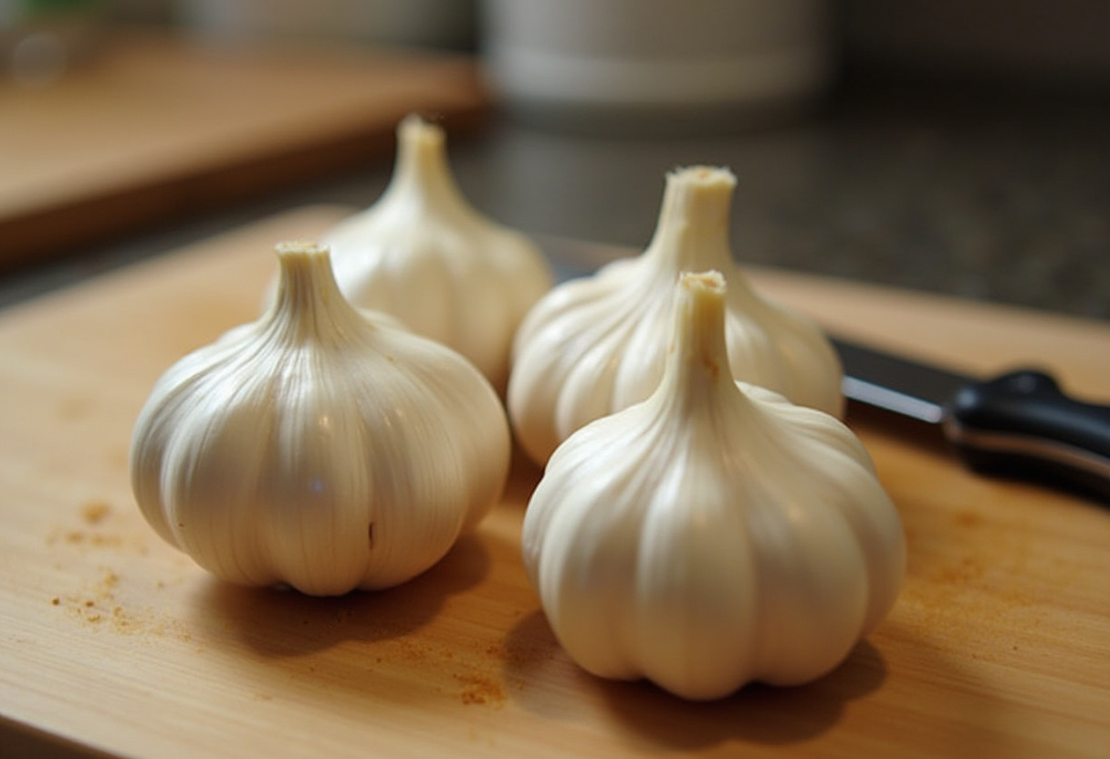 Whole garlic bulbs on a cutting board for Air Fryer Roasted Garlic recipe.
