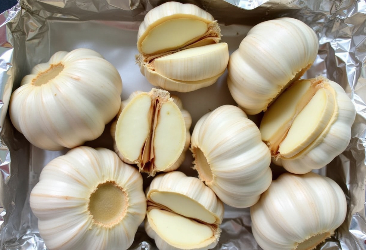 Garlic bulbs with tops sliced off, ready for roasting in the air fryer.