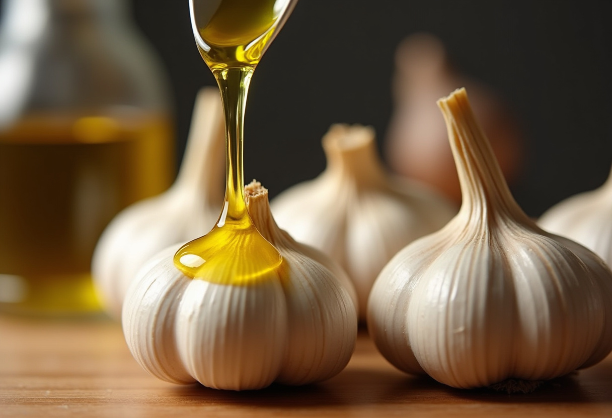 Olive oil being drizzled over garlic bulbs for Air Fryer Roasted Garlic.