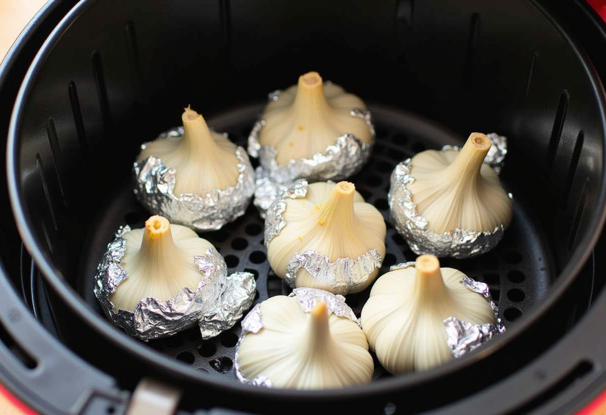 Foil-wrapped garlic bulbs inside the air fryer for roasting.