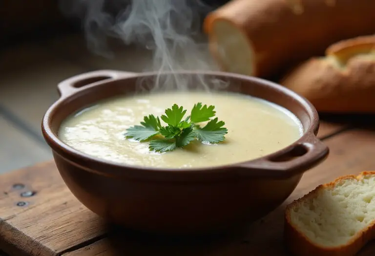 Creamy Amish Snow Day Soup with ham and potatoes, garnished with parsley, ready to enjoy.