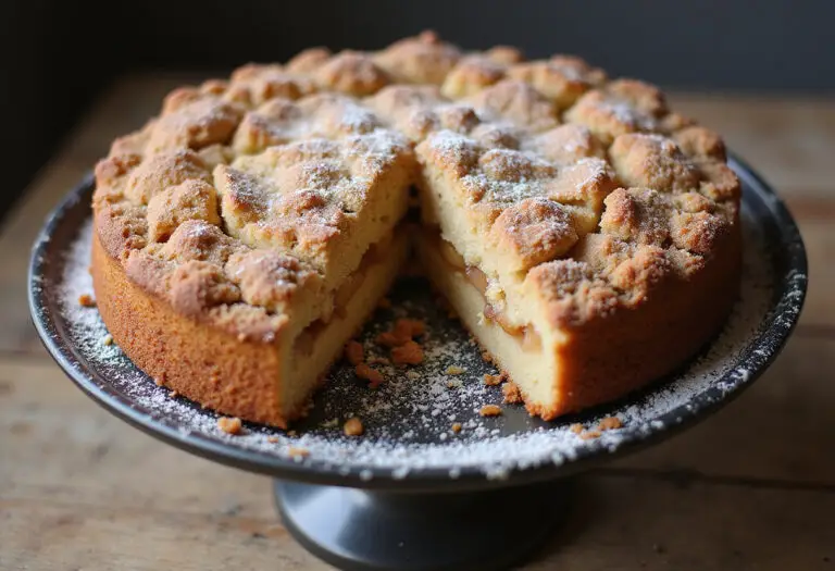 Delicious apple cinnamon crumble cake with powdered sugar, ready to serve.