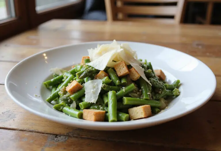 Finished Asparagus and Green Bean Caesar Salad with Parmesan and croutons.