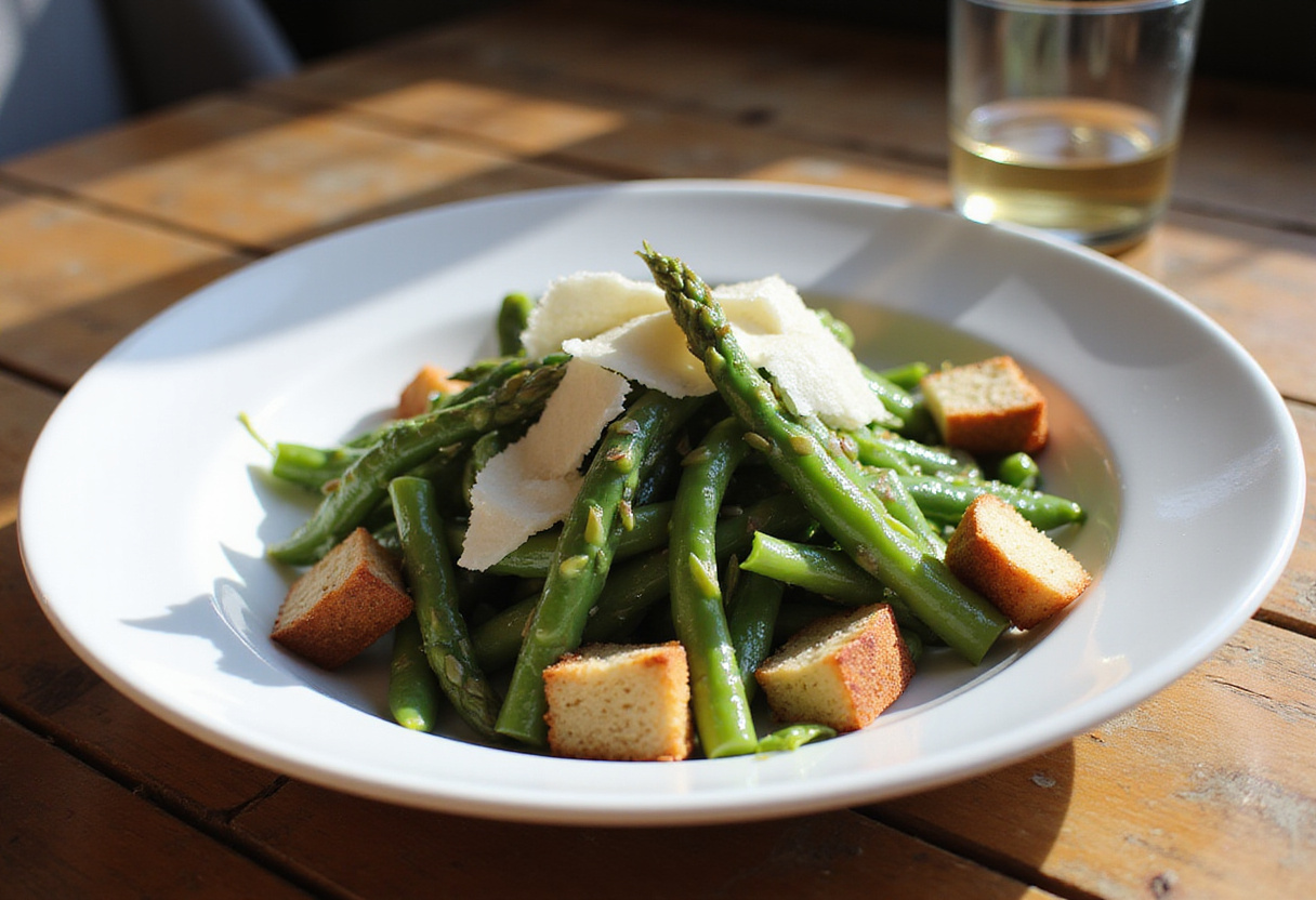 Finished Asparagus and Green Bean Caesar Salad with Parmesan and croutons.