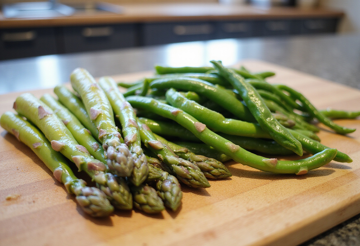 Preparing fresh asparagus and green beans for Asparagus and Green Bean Caesar Salad.