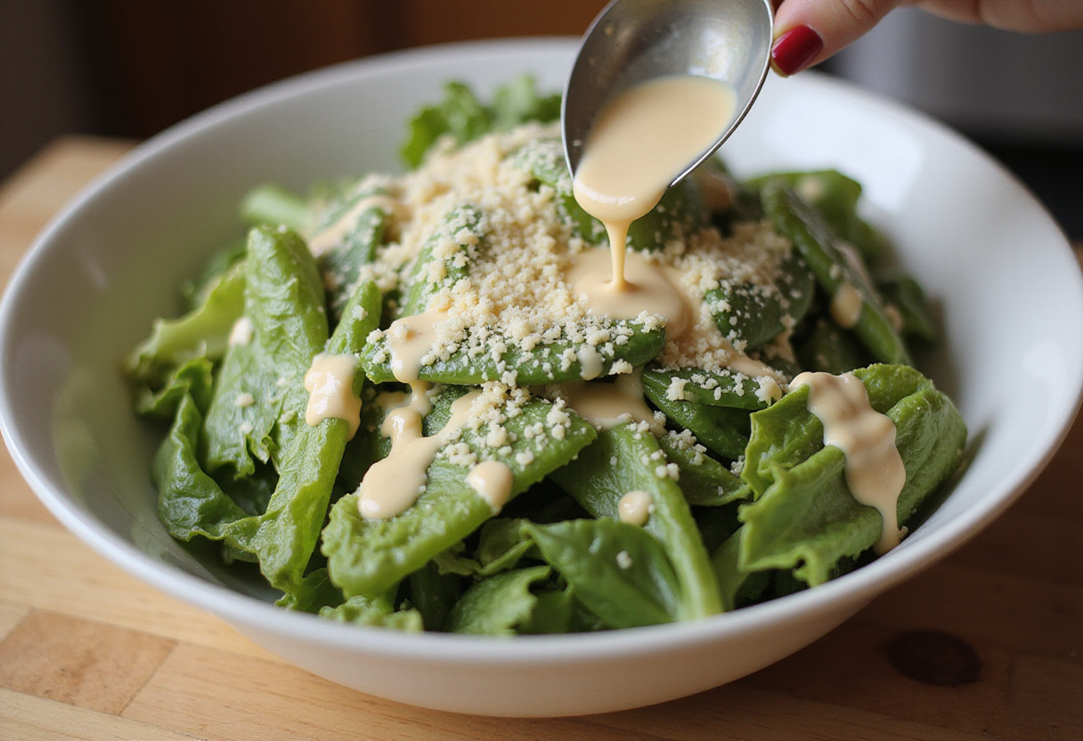 Tossing romaine lettuce with Caesar dressing and Parmesan cheese for Asparagus and Green Bean Caesar Salad.