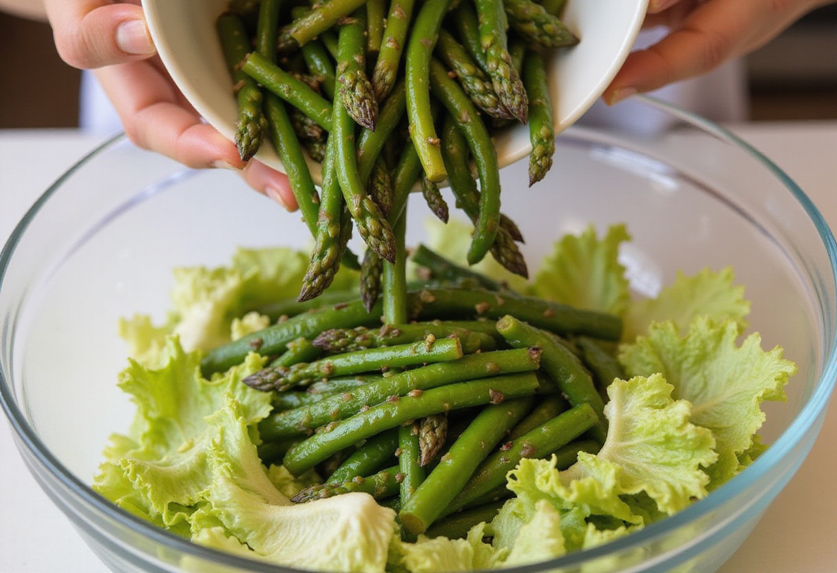 Adding grilled asparagus and green beans to Caesar salad.