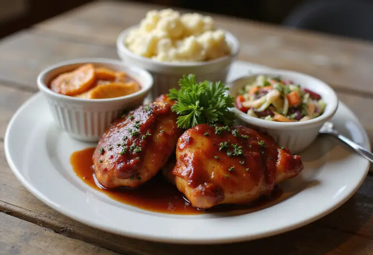 Plated Baked BBQ Chicken Thighs with mashed potatoes and coleslaw, ready to serve.