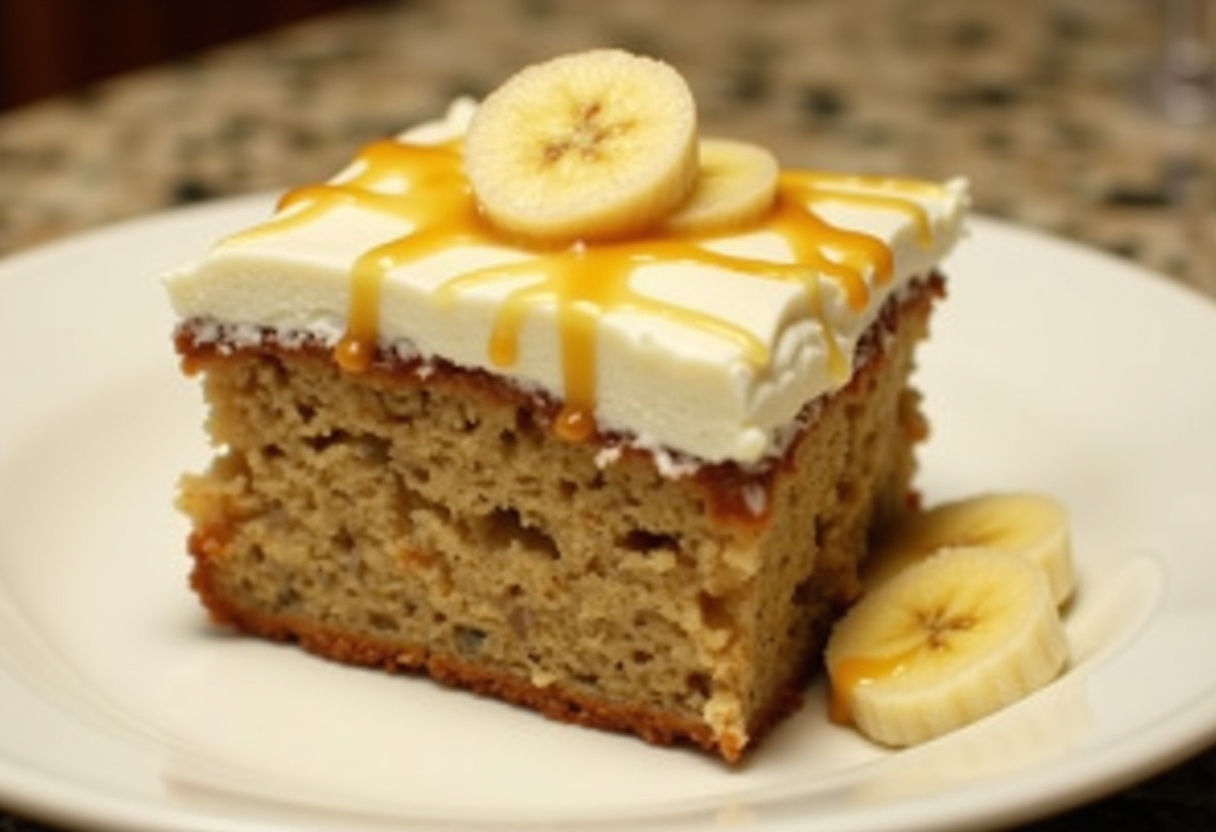 Finished Banana Bread Cake with Cream Cheese Frosting, garnished with caramel and banana slices.