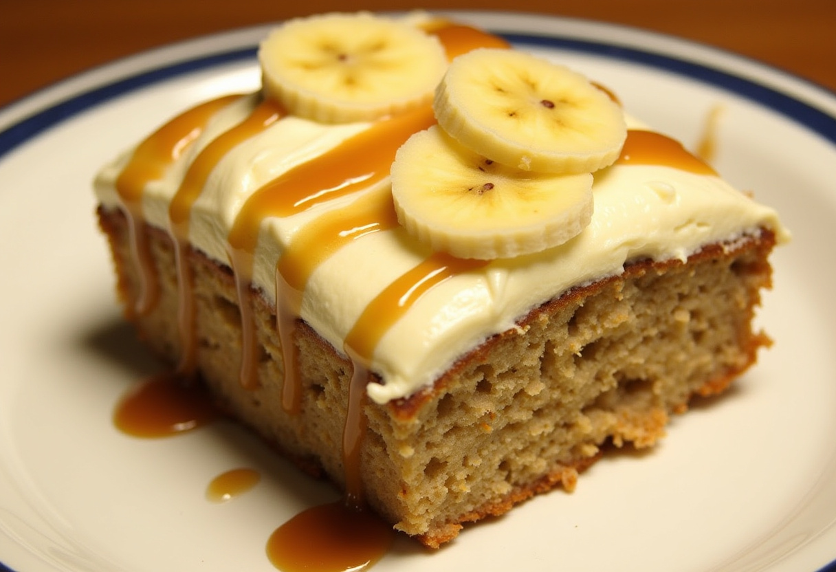 Finished Banana Bread Cake with Cream Cheese Frosting, garnished with caramel and banana slices.