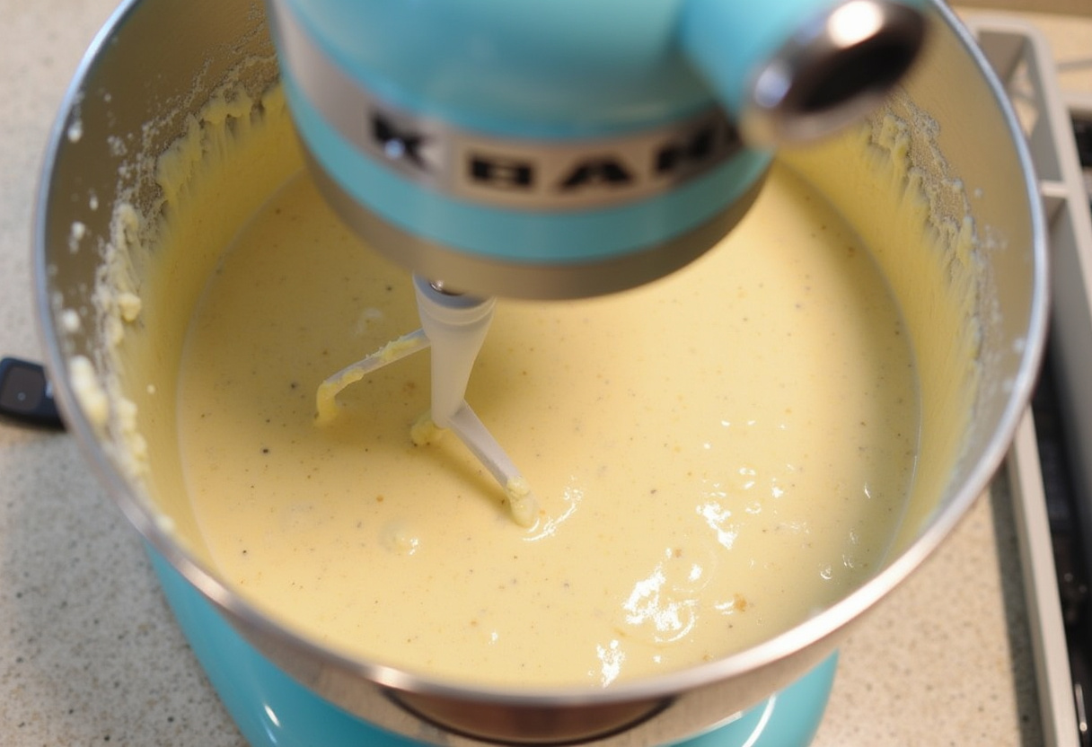 Banana bread cake batter being mixed in a stand mixer for baking.