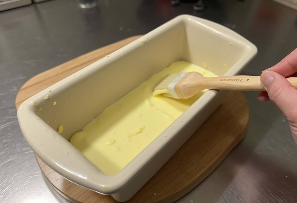 Loaf pan being prepared for Banana Bread Cake batter.