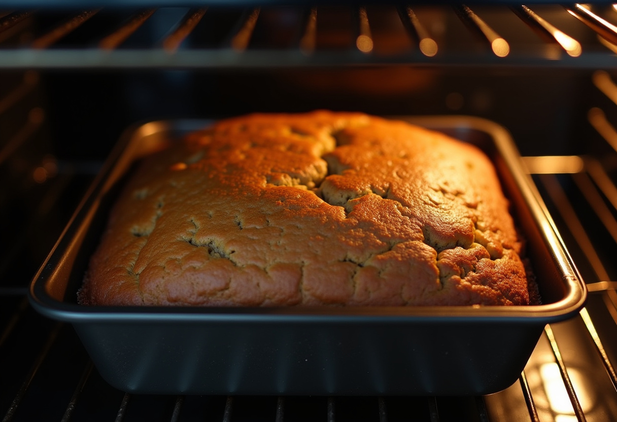 Banana Bread Cake baking in the oven with a golden crust.