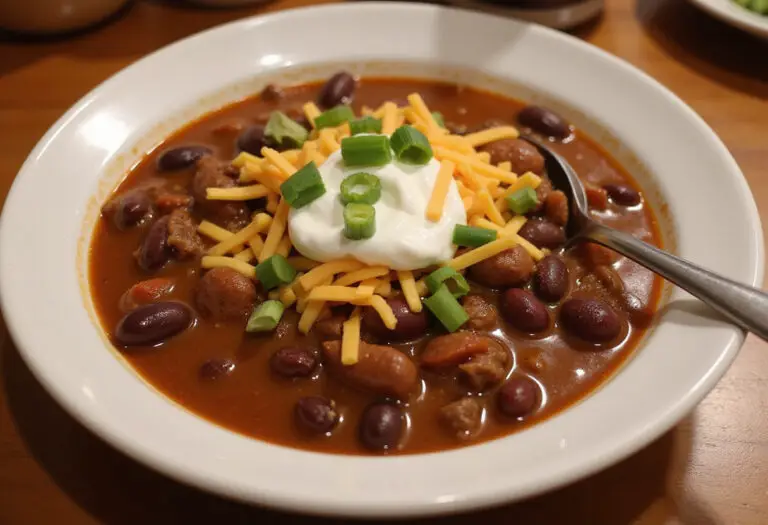 Delicious bowl of homemade beef chili with beans, cheese, and sour cream.