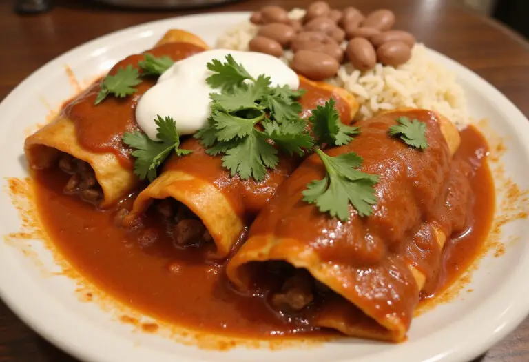Delicious Beef Enchiladas with Red Sauce served with sour cream, cilantro, rice, and beans.