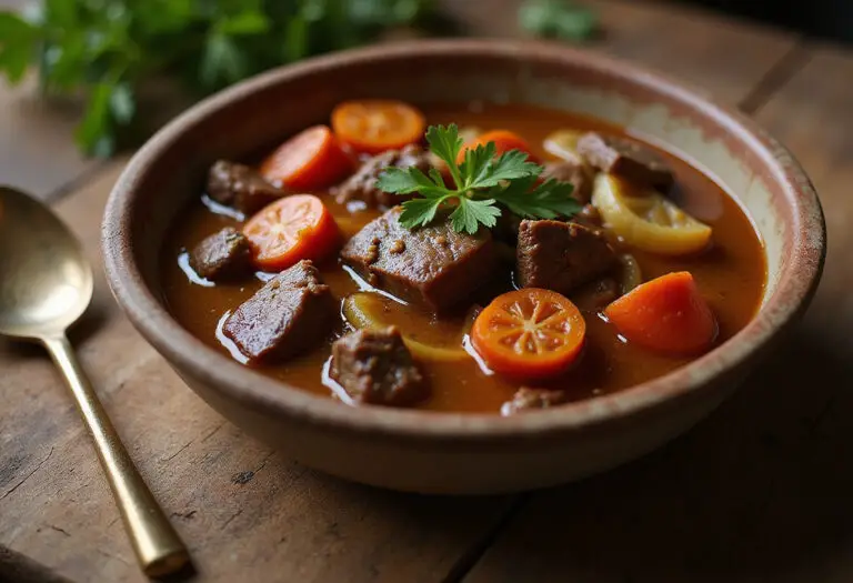 Delicious Beef and Vegetable Stew served in a bowl, garnished with parsley.