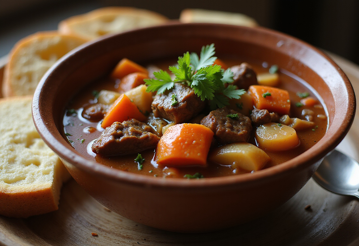 Delicious Beef and Vegetable Stew served in a bowl, garnished with parsley.