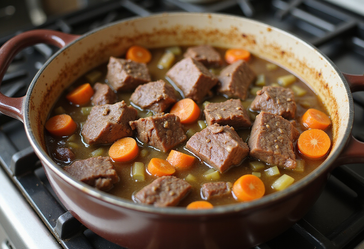 Browning beef with carrots and celery in a pot for a hearty beef and vegetable stew.