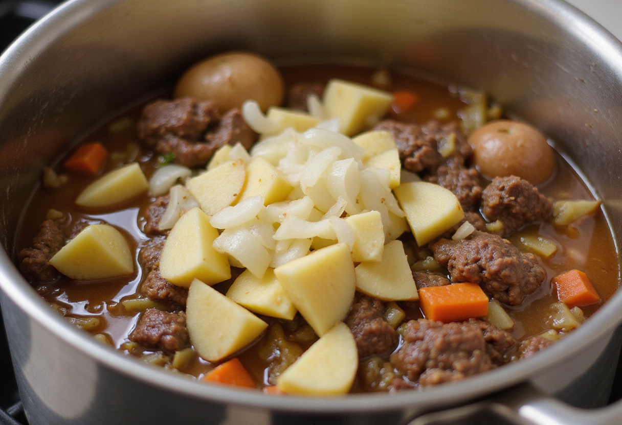 Adding potatoes, onions, and garlic to beef and vegetable stew.