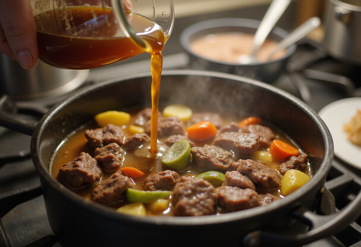 Pouring beef broth into a pot of beef and vegetables for stew.