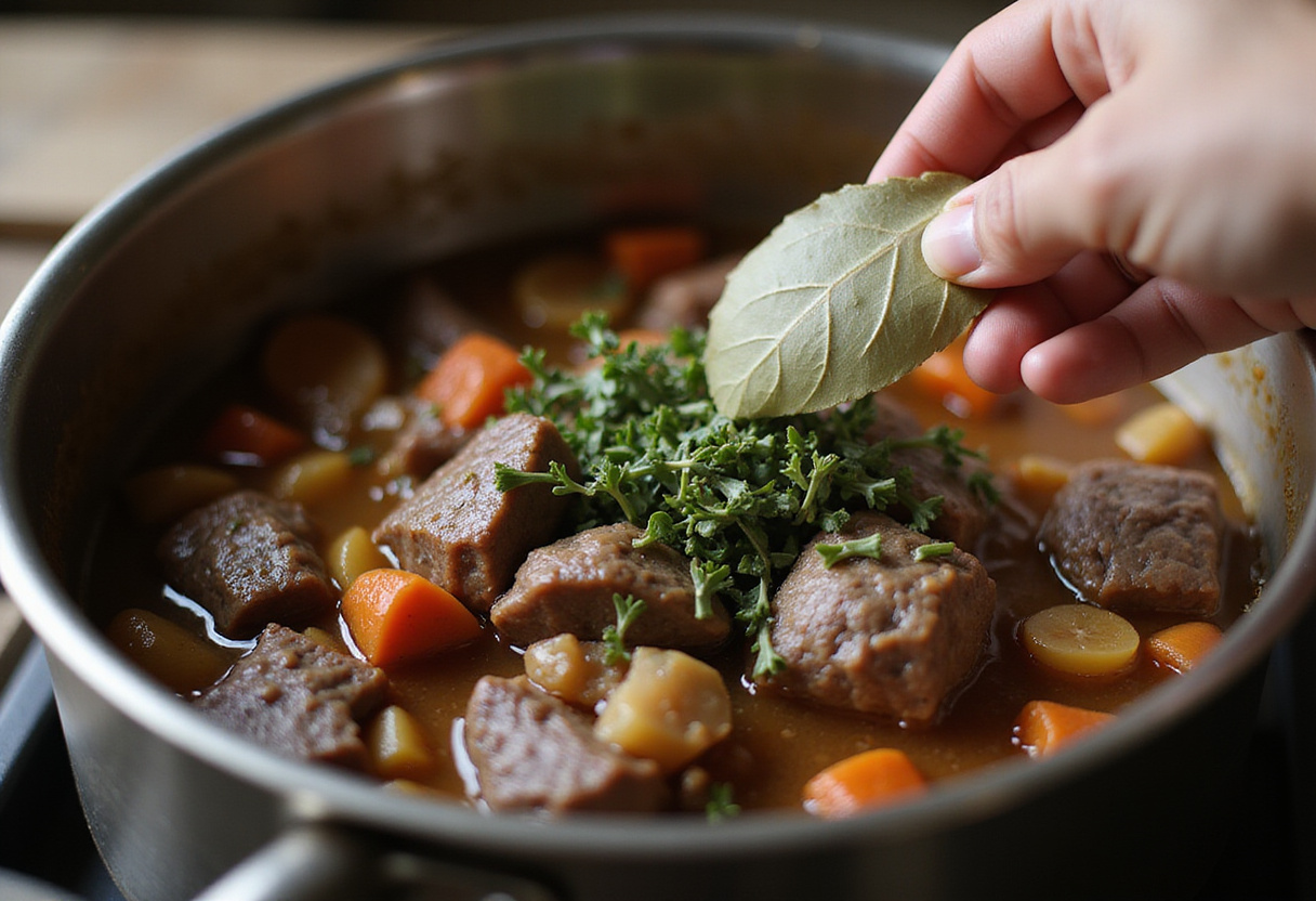 Adding bay leaf and thyme to simmering beef and vegetable stew.