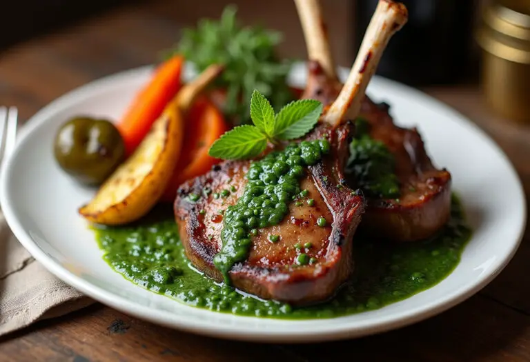 Delicious homemade lamb chops with mint sauce and roasted vegetables for a gourmet meal.