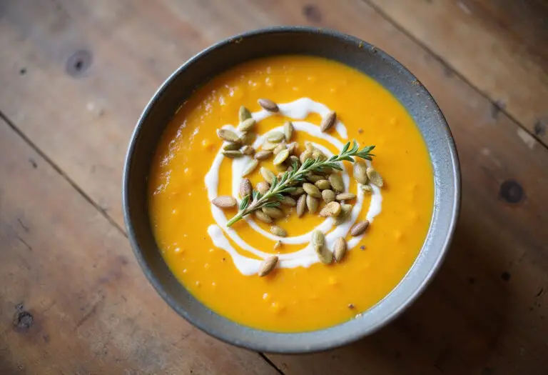 Finished Butternut Squash Soup with Ginger, garnished and ready to serve.